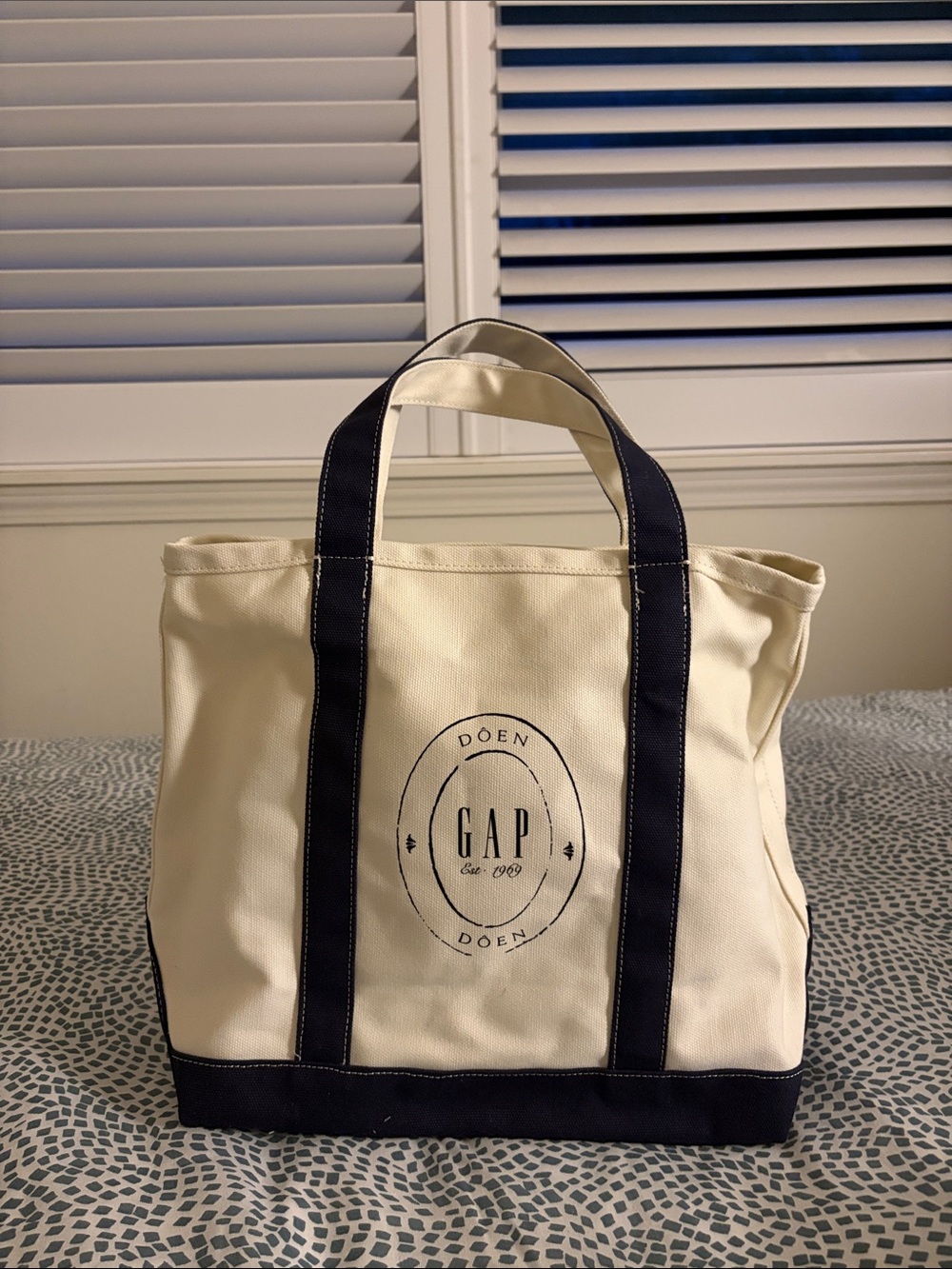 GAP Cream Canvas Tote with Navy Trim